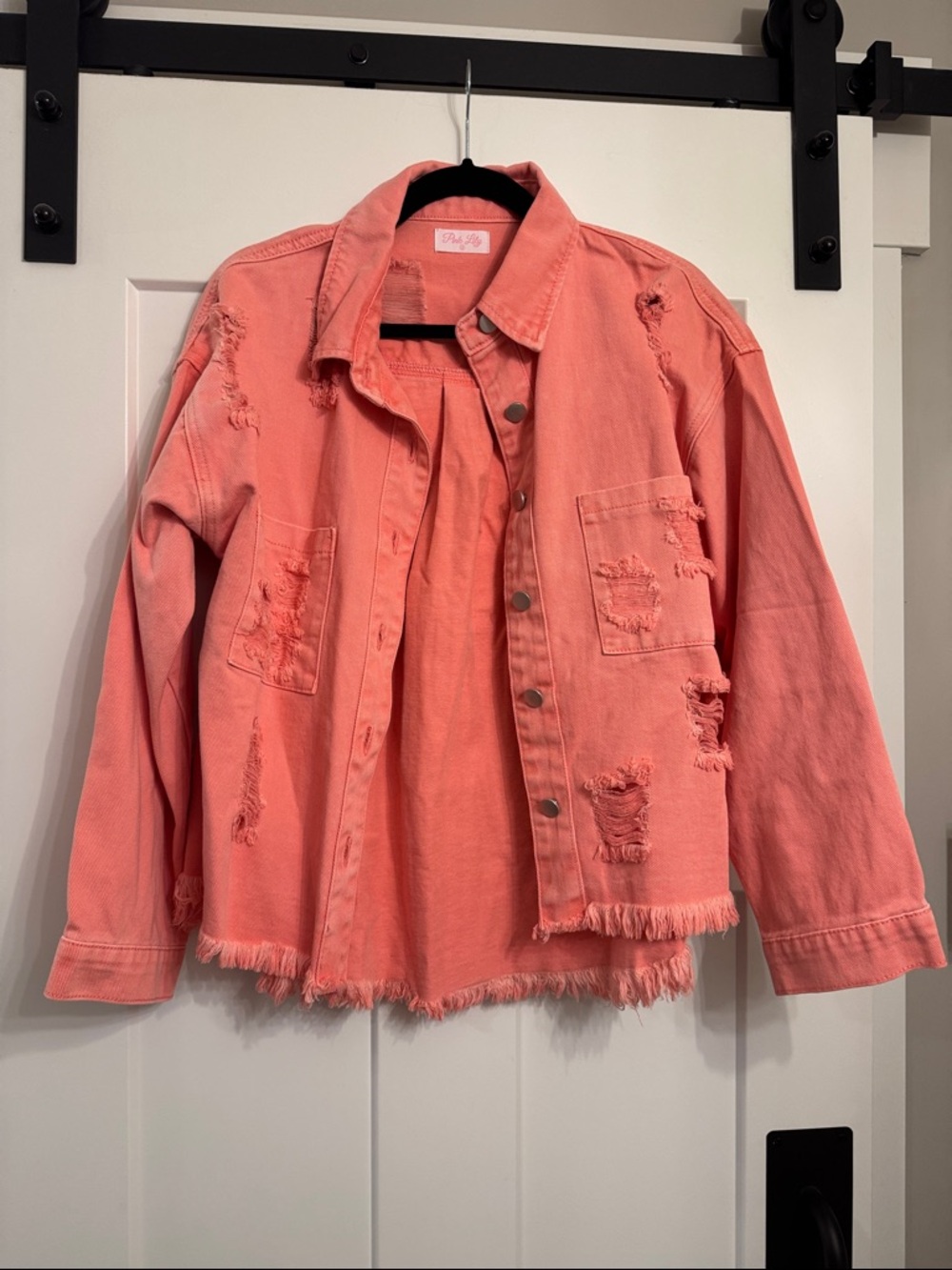 Pink Lily Coral Pink Distressed Denim Jacket